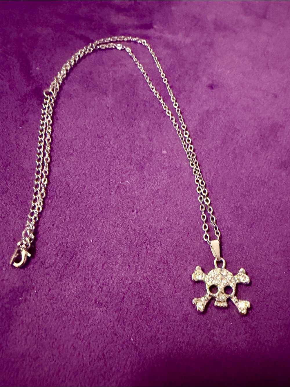 Skull and Crossbones Silver Rhinestone Pendant Necklace - Picture 2 of 9